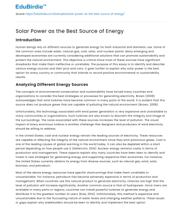 Solar Power as the Best Source of Energy