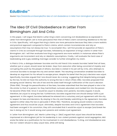 The Idea Of Civil Disobedience In Letter From Birmingham Jail And Crito