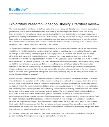 Exploratory Research Paper on Obesity: Literature Review