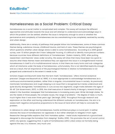 Homelessness as a Social Problem: Critical Essay