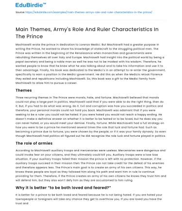 Main Themes, Army’s Role And Ruler Characteristics In The Prince