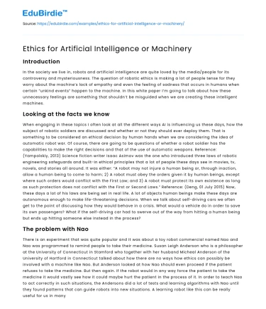Ethics for Artificial Intelligence or Machinery