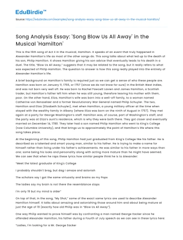 Song Analysis Essay: ‘Song Blow Us All Away’ in the Musical ‘Hamilton’