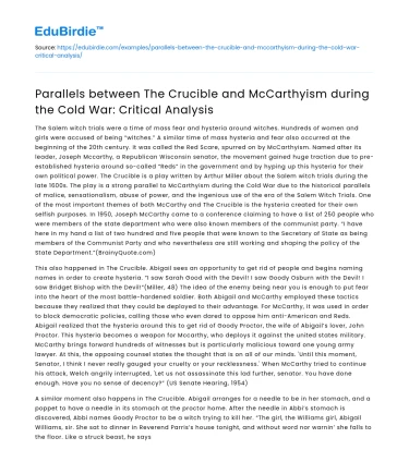 Parallels of The Crucible and McCarthyism: Cold War Analysis