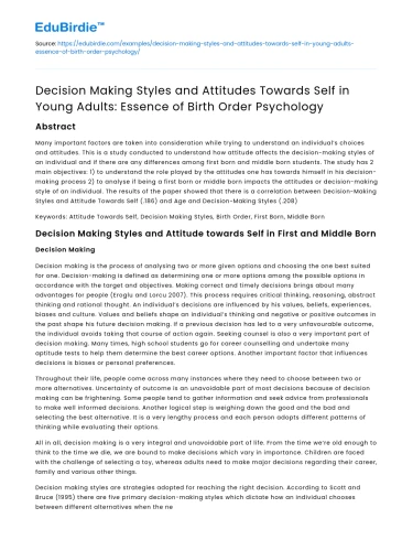 Young Adults’ Decision-Making Styles and Birth Order Psychology