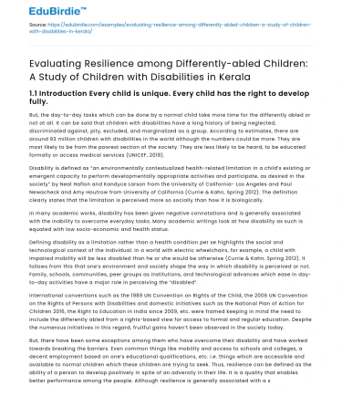Resilience in Disabled Children: Study in Kerala