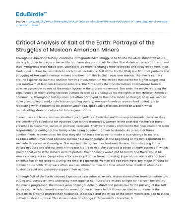 Analysis of Salt of the Earth: Mexican American Miners’ Struggles