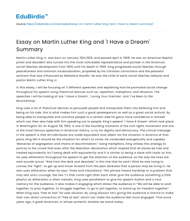 Essay on Martin Luther King and ‘I Have a Dream’ Summary