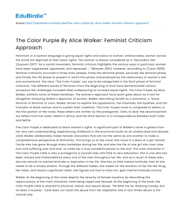 The Color Purple By Alice Walker: Feminist Criticism Approach