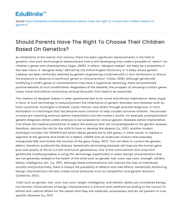 Should Parents Have The Right To Choose Their Children Based On Genetics?