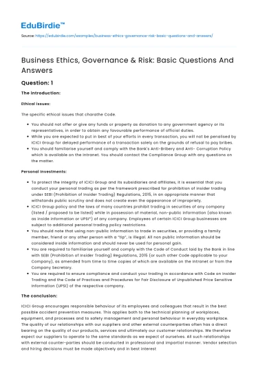 Business Ethics, Governance & Risk: Basic Questions And Answers