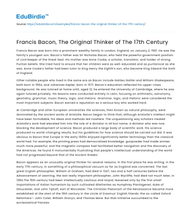 Francis Bacon, The Original Thinker of The 17th Century