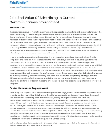 Role And Value Of Advertising In Current Communications Environment