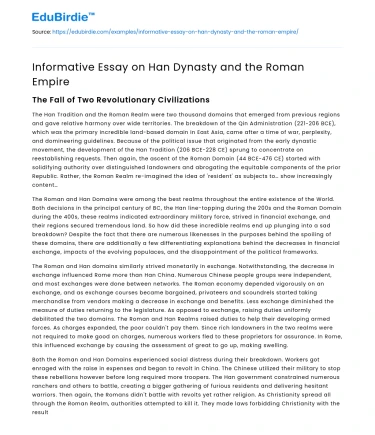 Informative Essay on Han Dynasty and the Roman Empire