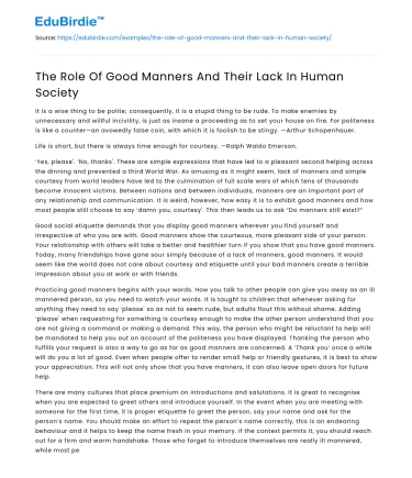 The Role Of Good Manners And Their Lack In Human Society