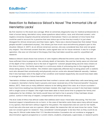 Reaction to Rebecca Skloot’s Novel ‘The Immortal Life of Henrietta Lacks’