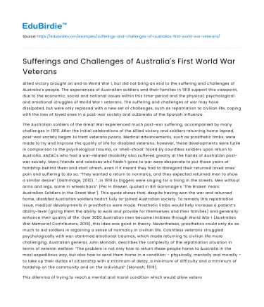 Sufferings and Challenges of Australia’s First World War Veterans