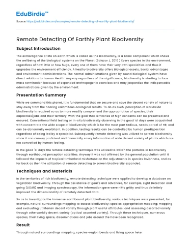 Remote Detecting Of Earthly Plant Biodiversity