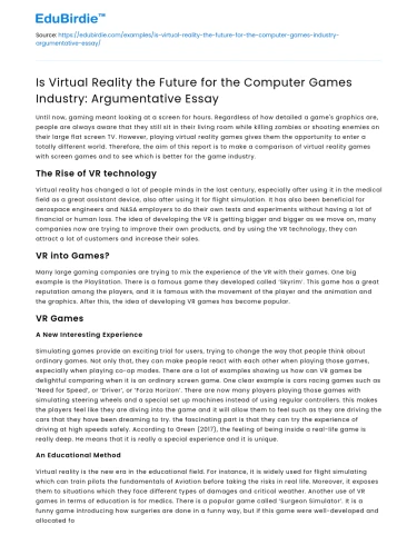 Is Virtual Reality the Future for the Computer Games Industry: Argumentative Essay