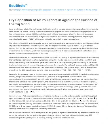 Dry Deposition of Air Pollutants in Agra on the Surface of the Taj Mahal