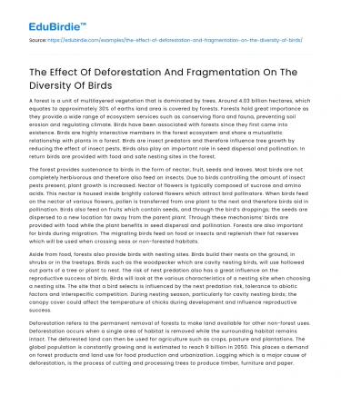 The Effect Of Deforestation And Fragmentation On The Diversity Of Birds
