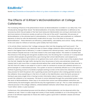 The Effects of G.Ritzer’s McDonaldization at College Cafeterias