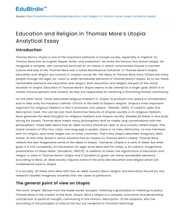 Education and Religion in Thomas More’s Utopia: Analytical Essay