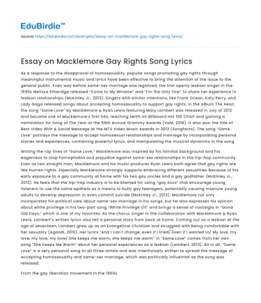 Essay on Macklemore Gay Rights Song Lyrics