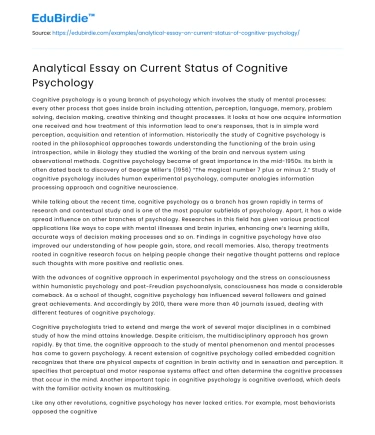 Analytical Essay on Current Status of Cognitive Psychology