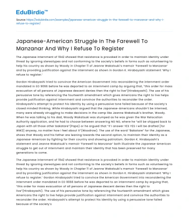 Japanese-American Struggle in Farewell to Manzanar & Refusal to Register