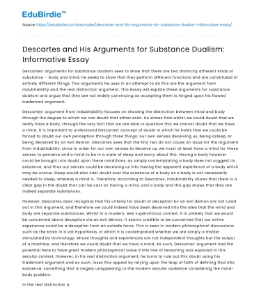 Descartes and His Arguments for Substance Dualism: Informative Essay