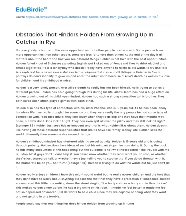 Obstacles That Hinders Holden From Growing Up In Catcher In Rye