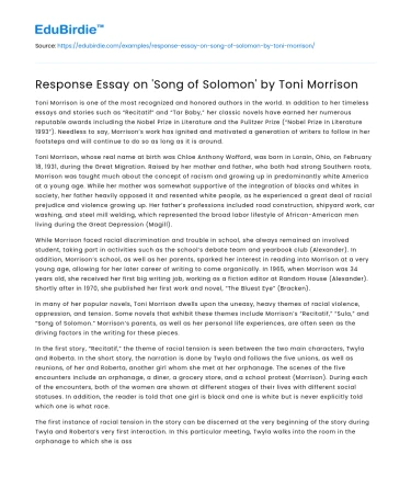 Response Essay on ‘Song of Solomon’ by Toni Morrison