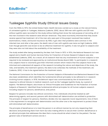 Tuskegee Syphilis Study Ethical Issues Essay
