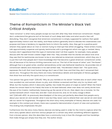 Theme of Romanticism in The Minister’s Black Veil: Critical Analysis
