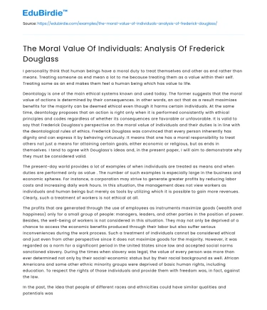The Moral Value Of Individuals: Analysis Of Frederick Douglass
