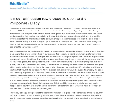 Is Rice Tariffication Law a Good Solution to the Philippines? Essay