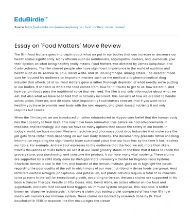 Essay on ‘Food Matters’ Movie Review