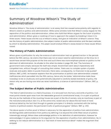 Summary of Woodrow Wilson’s ‘The Study of Administration’
