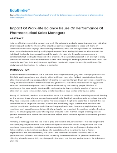Work-life Balance’s Impact on Pharma Sales Managers’ Performance