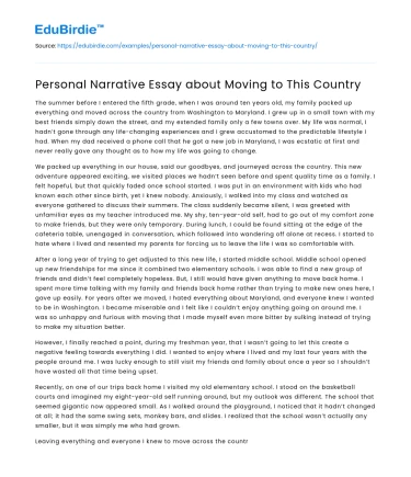 Personal Narrative Essay about Moving to This Country
