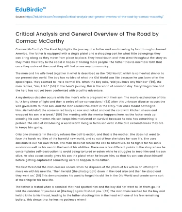 Critical Analysis and General Overview of The Road by Cormac McCarthy