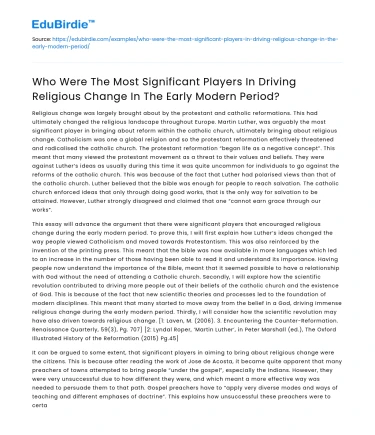Key Players in Religious Change in Early Modern Period