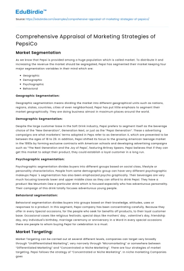 Comprehensive Appraisal of Marketing Strategies of PepsiCo