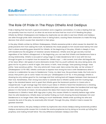 The Role Of Pride In The Plays Othello And Oedipus