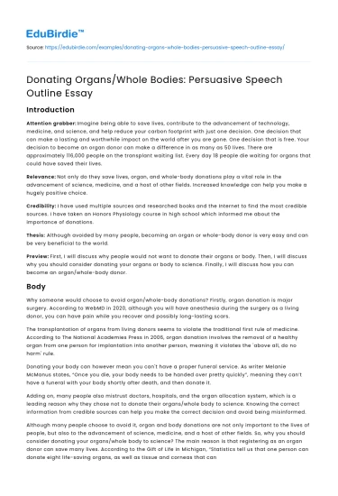 Donating Organs/Whole Bodies: Persuasive Speech Outline Essay