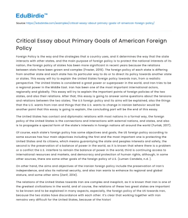 Critical Essay about Primary Goals of American Foreign Policy