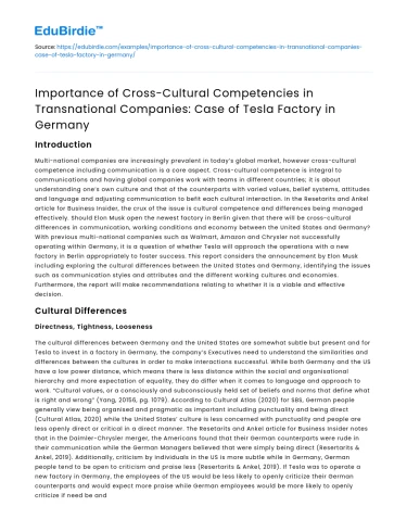 Cross-Cultural Competencies in Tesla Factory and Global Business