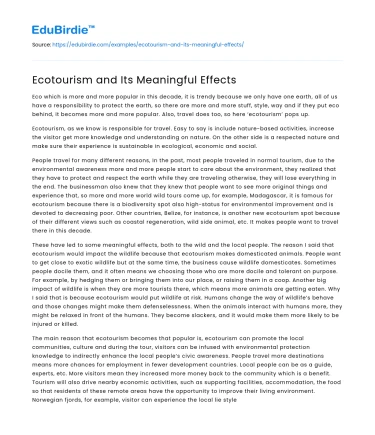 Ecotourism and Its Meaningful Effects