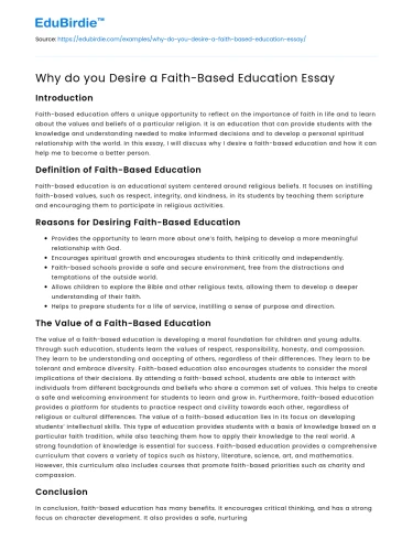 Why do you Desire a Faith-Based Education Essay
